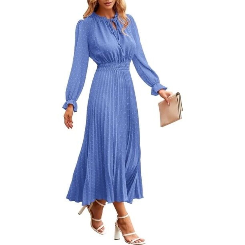 NWT Pretty Garden Women's Flowy Blue Swiss Dot Pleated Long Sleeve Midi Dress M